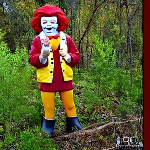 Prompt: trail cam photo of Ronald McDonald staring directly at the camera