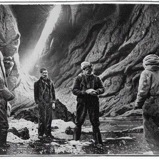 Prompt: vintage photograph of Antartic expedition members looking at several corpses of eldritch elder being servitor ogranic blood and guts shoggoth mutated anatomy bodies, mountains of madness by H.P. Lovecraft, hyper photorealism, cinematic shot, low angle, 35mm 1926. camera lens, retro, movie still footage