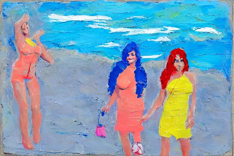 Prompt: happy Kate Pierson and Cindy Wilson on the beach painted with a palette knife, thick impasto