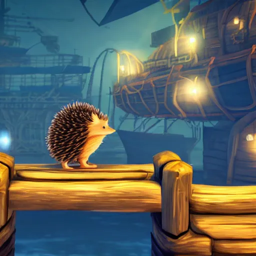 Image similar to hedgehog on a ship in seqa of thieves, screenshot, epic