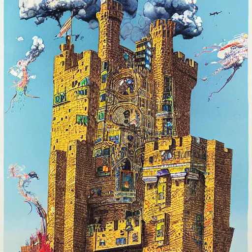 Image similar to by ralph steadman defined, improvisational babylonian, tetris. a beautiful print of a castle in the clouds.