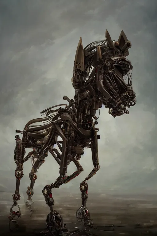 Image similar to 3 quarter view photography portrait of a biomechanical stalion horse illustrated by greg rutkowski and Akira Saito and Peter mohrbacher, boston dynamics, 4k,