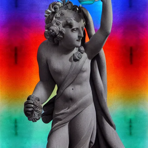 Image similar to a reneissance statue holding a coctail, medium shot, colorful coctail, digital painting