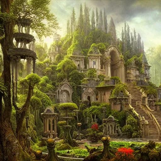 Image similar to a beautiful and highly detailed matte painting of an elven temple in a magical fantasy garden in a lush forest, intricate details, epic scale, insanely complex, 8 k, sharp focus, hyperrealism, very realistic, by caspar friedrich, james gurney and brian froud,