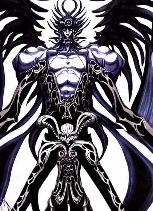 Image similar to shin megami tensei art of a demon called gigachad, art by kazuma kaneko, demonic! compedium!, law aligned, digital drawing, white background, very high quality, very highly detailed