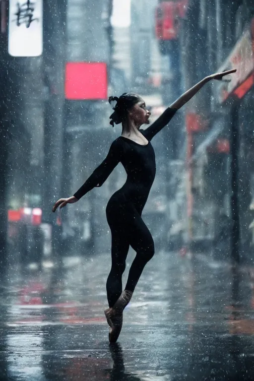 Image similar to a dynamic photograph of a ballet dancer in a wet, dystopic Hong Kong bladerunner street. Realism.