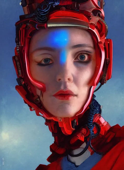 Prompt: ( ( symmetry ) ) closeup portrait of a ( cyborg ) vape girl, fashion mechanic jumpsuit with shiny shoulder pads, cinematic light, windy, red blue, ( ( volumetric smoke ) ), mist, by gerald brom, by mikhail vrubel, by peter elson, muted colors, extreme detail, trending on artstation, 8 k