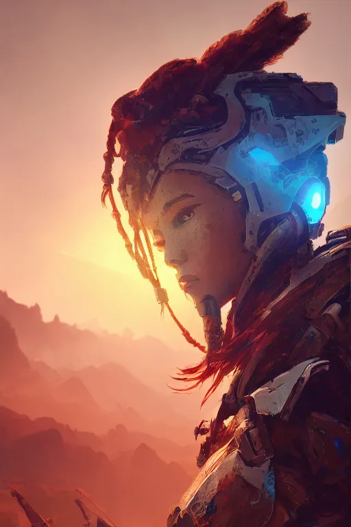 Image similar to combination suit armor aloy horizon forbidden west horizon zero dawn radiating a glowing aura global illumination ray tracing hdr fanart arstation by ian pesty and alena aenami artworks in 4 k tribal robot ninja mask helmet backpack