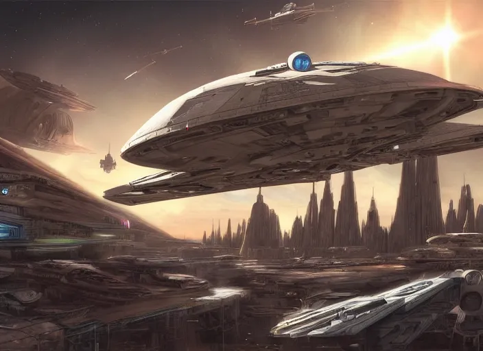 Image similar to a large space ship seen from the surface of a busy metropolis, star wars digital art