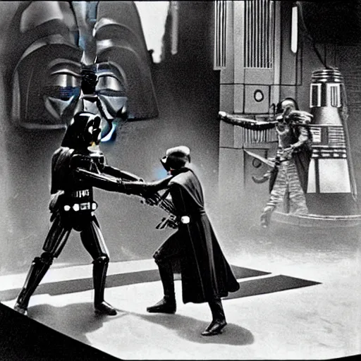 Image similar to Fight between Luke and Darth Vader in the silent movie version of Star Wars (1921) by Fritz Lang, in front of a set reminiscent of Metropolis