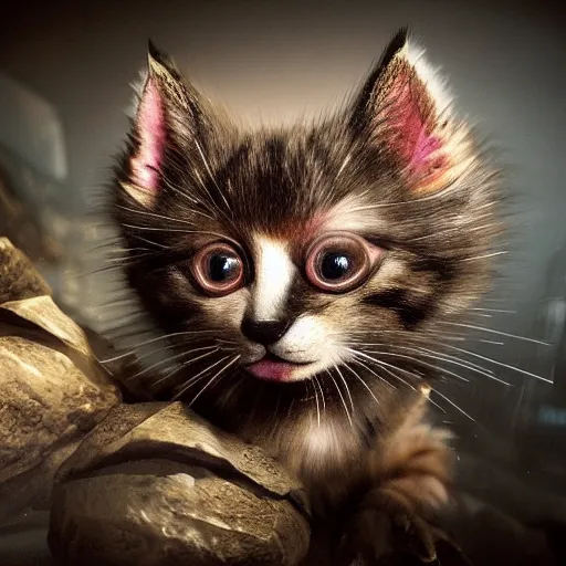 Image similar to full body pose, hyperrealistic photograph of a grotesque kitten, dim volumetric lighting, 8 k, octane beautifully detailed render, extremely hyper detailed, intricate, epic composition, cinematic lighting, masterpiece, trending on artstation, very very detailed, stunning, hdr, smooth, sharp focus, high resolution, award, winning photo, dslr, 5 0 mm