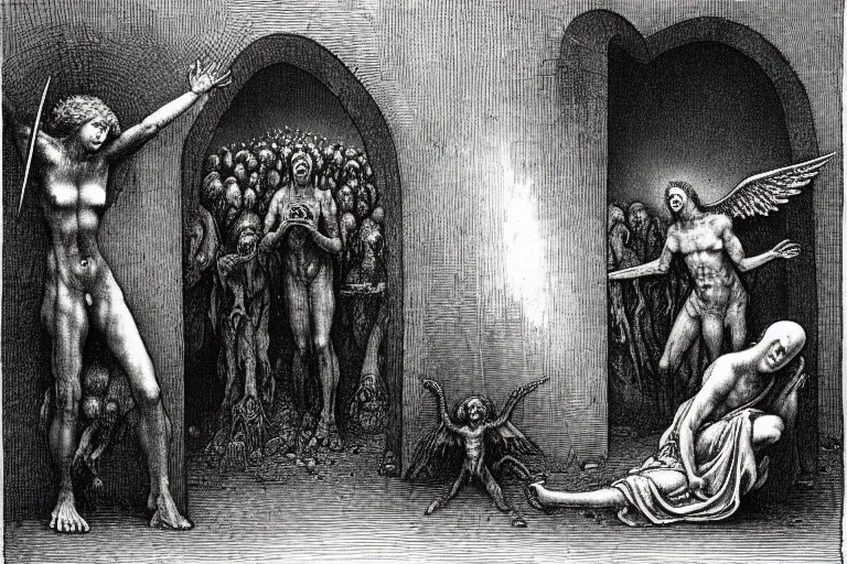 Image similar to fallen angel begs to enter the gates of hell by gustave dore and les edwards and hieronymus bosch