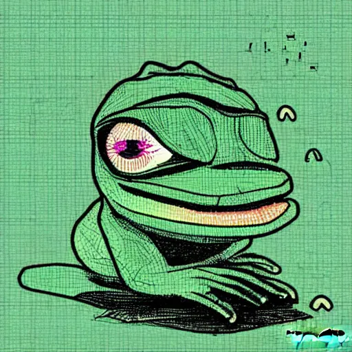 Image similar to pepe the frog in a world by maximillian lenz