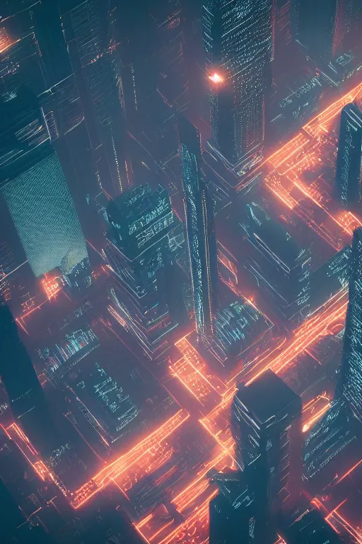 Prompt: an aerial photograph of a futuristic, blade runner city with heavy atmosphere. Flying vehicles. Volumetric light. Rainfall. Dystopic. Evening, neon lights. 8k. Filmic. By Dylan Cole. Highly detailed. Octane render.