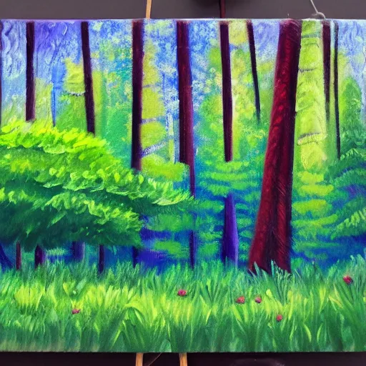 Prompt: a forest landscape with a blender default cube in the middle of the painting in the style of bob ross