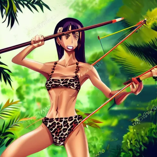 Prompt: anime style woman in leopard print bikini shooting bow and arrow in the jungle
