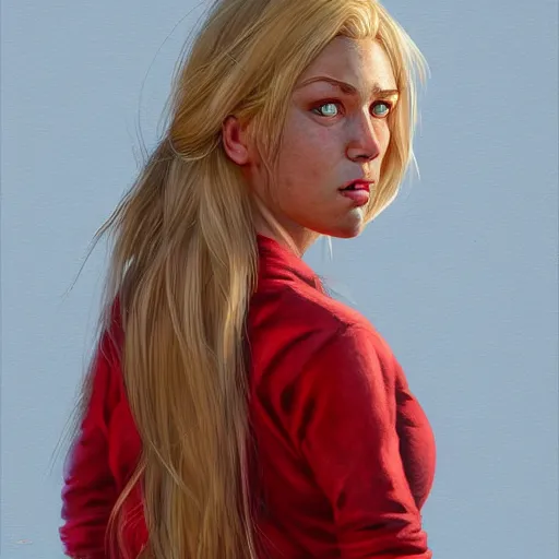 Image similar to portrait of a half blonde woman half pig with red shirt ,digital art,photorealistoc,art by greg rutkowski,hyperdetailed,western comic style,comic,comic style,sharp lineart,professional lighting,deviantart,artstation,trevor henderson,rossdtaws,cinematic,dramatic