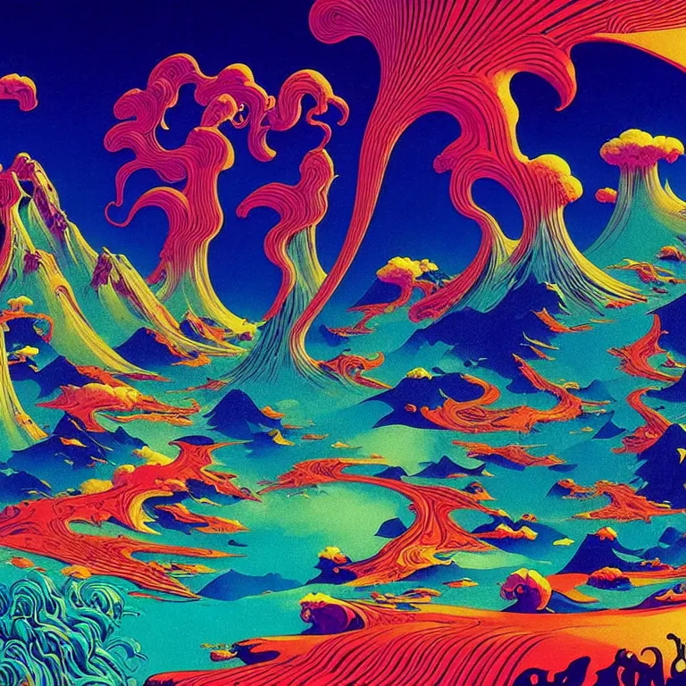Image similar to volcanoes under the infinte sea, bright hallucinogenic neon colors, highly detailed, cinematic, eyvind earle, tim white, philippe druillet, roger dean, lisa frank, aubrey beardsley, hiroo isono