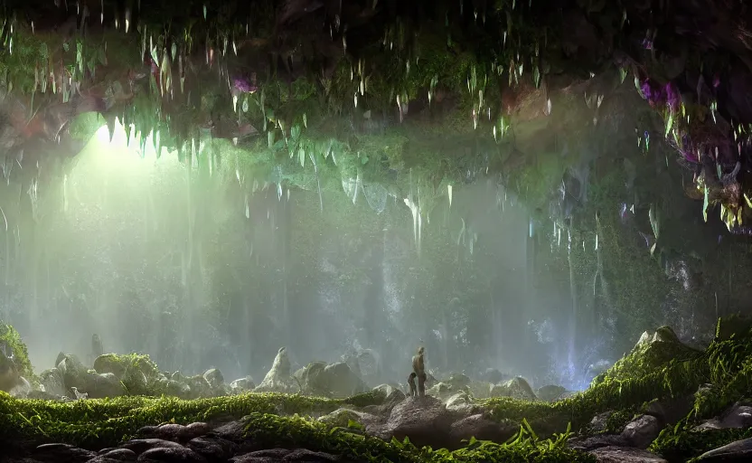 Image similar to a beautiful and stunning digital render of a humongous crystal cave, dimly glowing mushrooms, vines, haze, waterfall, volumetric lighting, photorealistic, unreal engine 5, ultra detail, trending on artstation