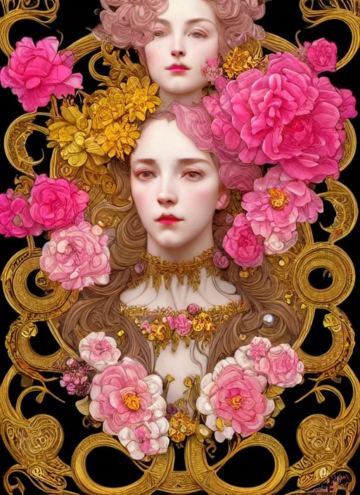 Image similar to beautiful black pink yellow, complicated gold and pink flowers in baroque style headwears, dark fantasy, intricate, elegant, highly detailed, digital painting, artstation, concept art, matte, 3 d 8 k octane rendered, sharp focus, illustration, octane rendered, art by artgerm and alphonse mucha, leesha hannigan