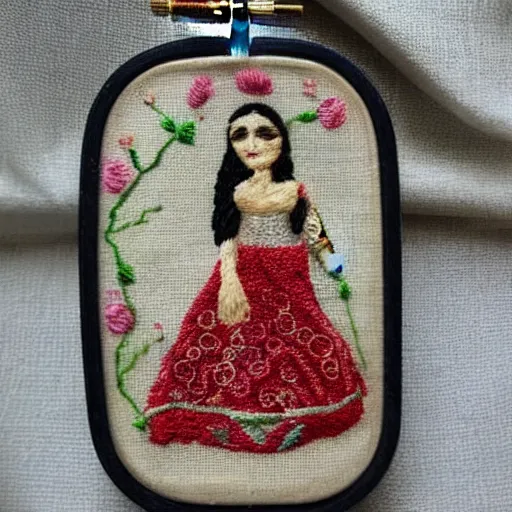 Image similar to a tiny beautiful handmade embroidery of a woman. hand embroidery.