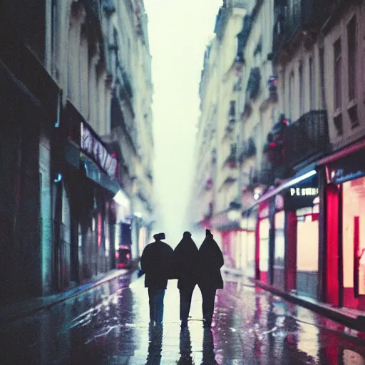 Image similar to street of paris photography, night, rain, mist, lovers holding hands, cinestill 8 0 0 t, in the style of william eggleston