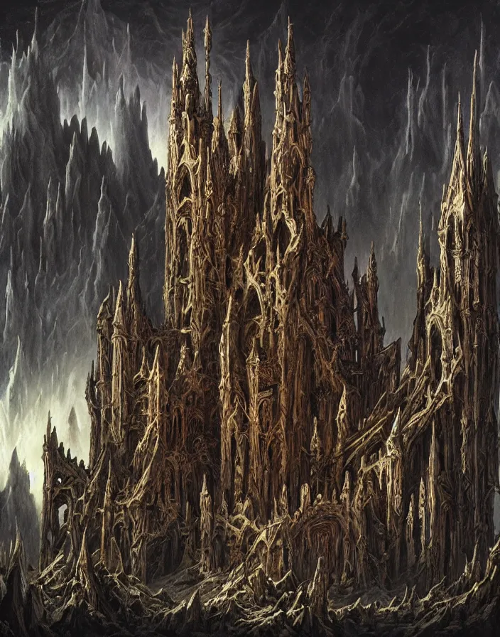 Image similar to a dark gothic castle made of skulls and bones and skeletons, tall spires, epic nebula, Dan Seagrave art