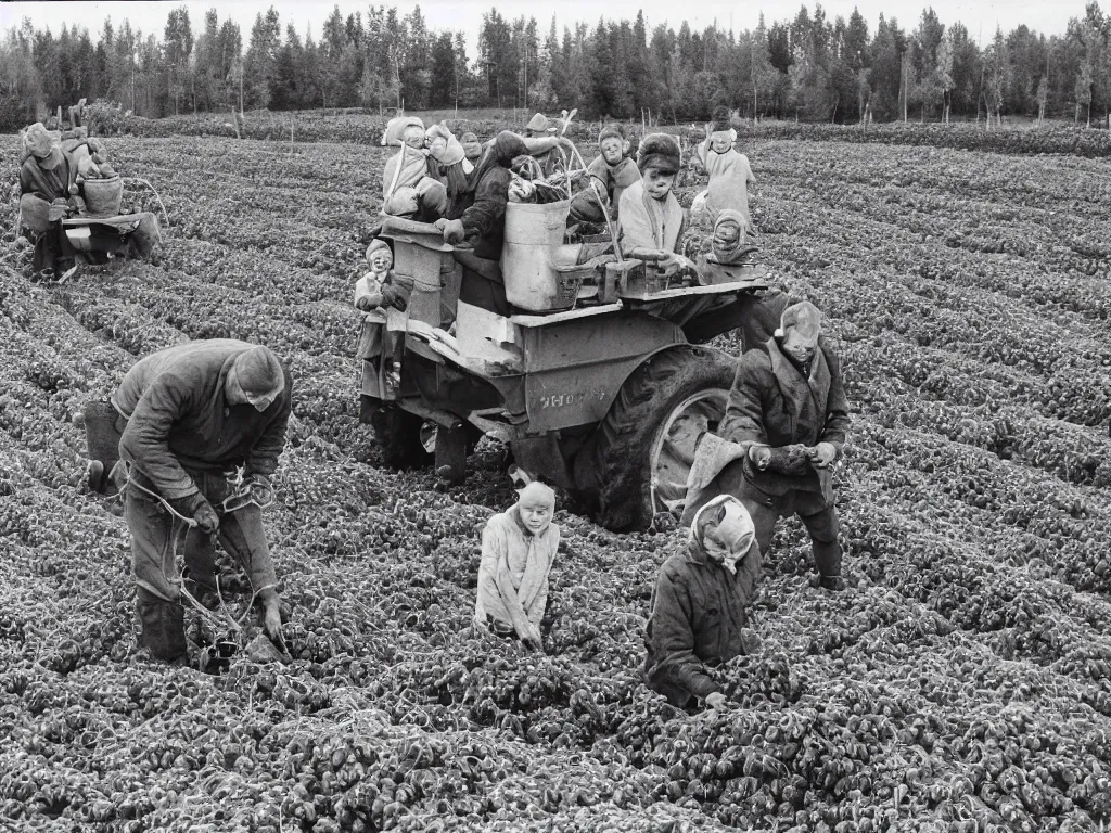 Image similar to potato harvesting in finnish farm, 1 9 6 6, home album pocket camera photo, detailed facial features, hyper realistic