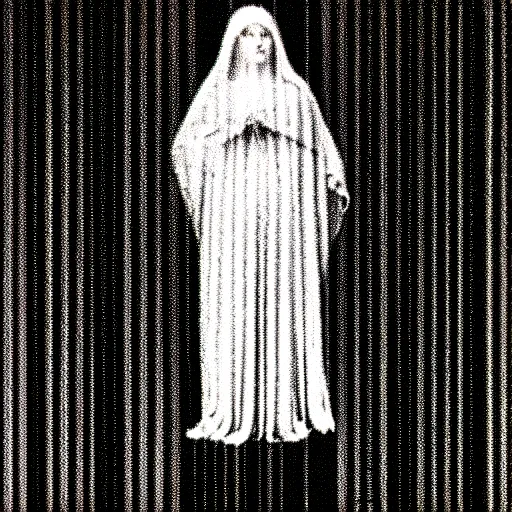 Image similar to vhs static overlay of marian apparition, vhs, 1 9 9 0, highly realistic, highly detailed, vhs noise static, black and white, vhs glitch