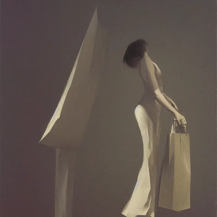 Image similar to woman pushing face through paper bag, artstation, art by, , edward hopper, Zdzislaw Beksinski, highly detailed