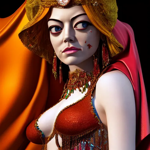 Image similar to a close up portrait of emma stone, she is dressed as a belly dancer,, arabian night, in focus sharp face with fine details, anatomically correct hands by albrecht durer, volumetric lightening, octane render, high quality, fully detailed, 4 k, alphonse mucha, masterpiece, stunning