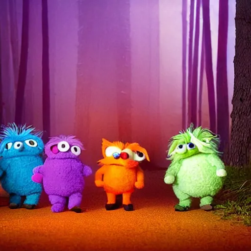 Image similar to a large fox colored furby muppet holding a lit torch and herding a bunch of random muppet animals following behind through a dark felt forest at night, sesame street, photograph, photography, ultrarealistic, national geographic