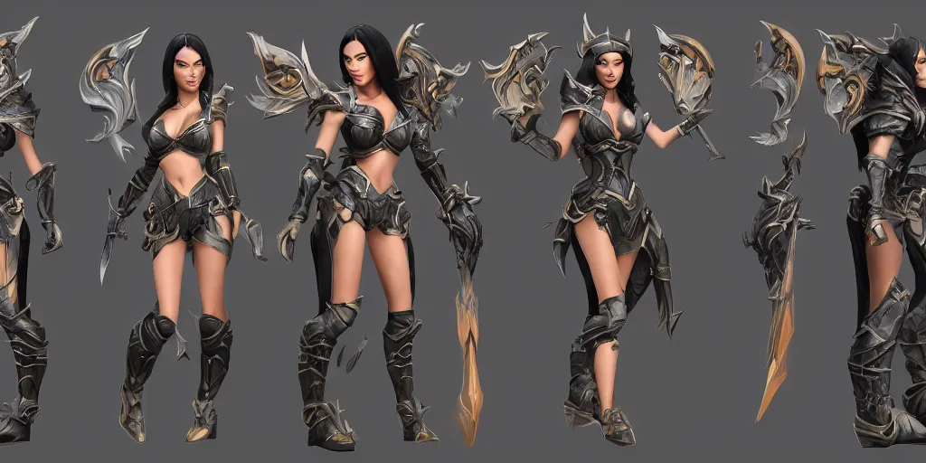 Image similar to character sheet of Megan Fox as a character in the game League of Legends, with a background based on the game League of Legends, 3d render, octane render, iRay, ray tracing, realistic, highly detailed, trending on artstation, 4k, cgsociety, unreal engine 5, redshift render, blender cycles, behance, cg