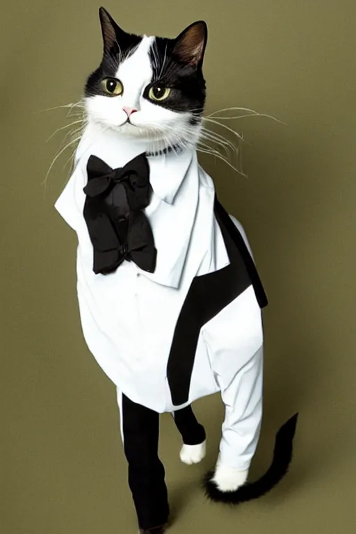 Prompt: anthropomorphic color photo of a cat wearing a tuxedo costume from 2 0 0 0 era, realistic