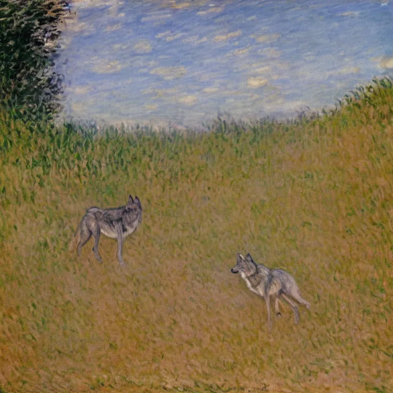 Image similar to Majestic wolf walking through a sand dune on the heath. Painting by Claude Monet (1872)
