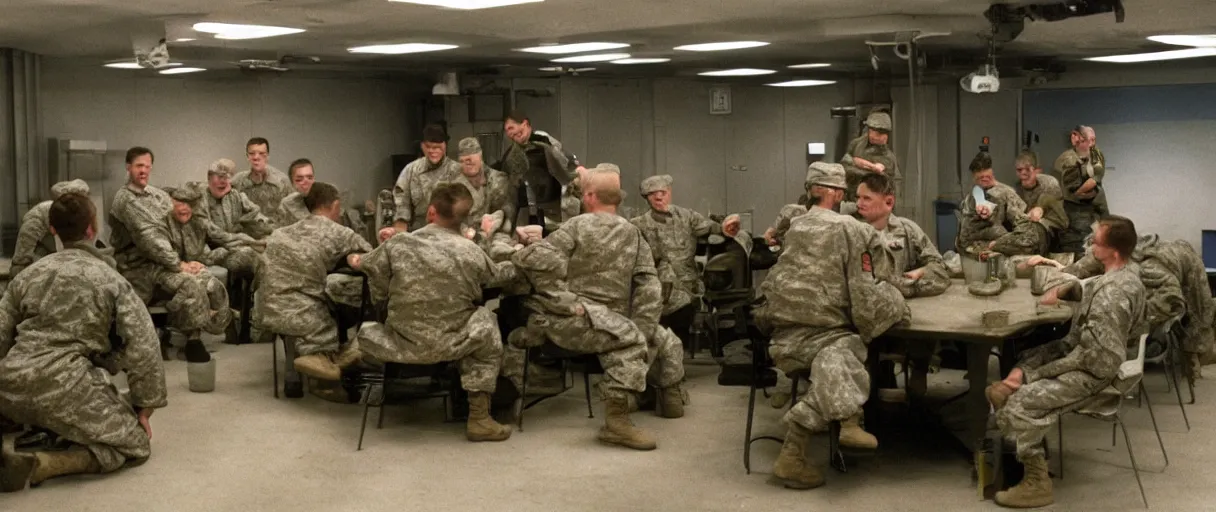 Image similar to filmic extreme wide shot movie still 4 k uhd interior 3 5 mm film color photograph of a group of soldiers relaxing in a break room in a secret military lab having a conversation