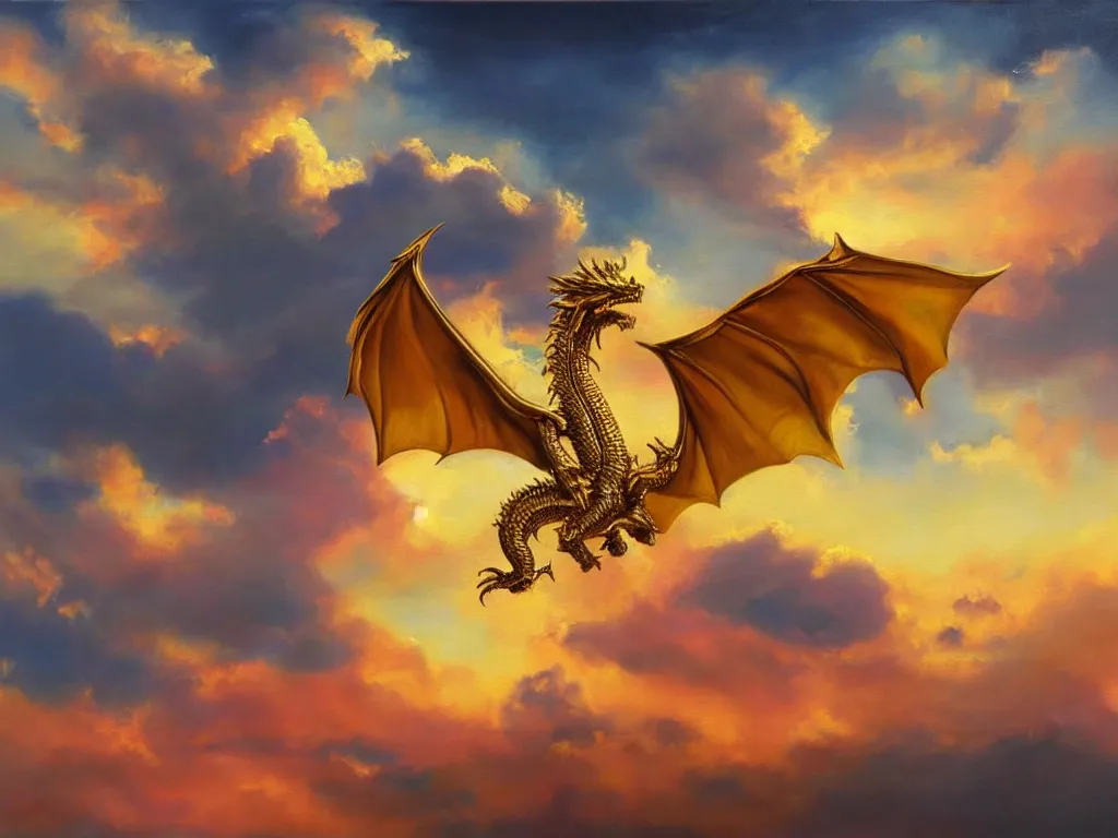 Prompt: A Gold Dragon flying in sunset clouds, realistic oil painting
