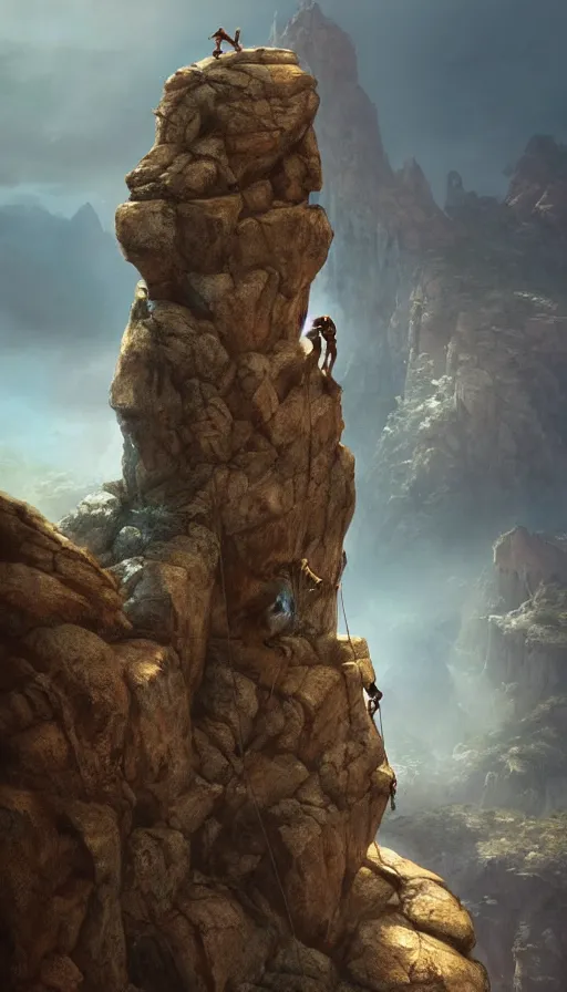 Image similar to rock climbers climbing a rock, an epic fantasy, dramatic lighting, cinematic, extremely high detail, photorealistic, cinematic lighting, matte painting, artstation, octane render by craig mullins, horizon forbidden west