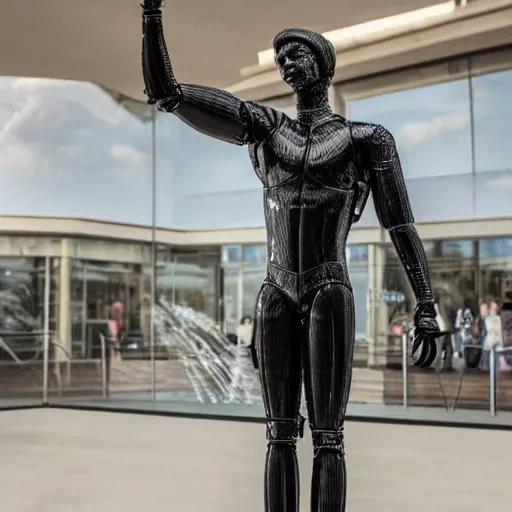 Image similar to a realistic detailed photo of a guy who is an attractive humanoid who is half robot and half humanoid, who is a male android, wrestler a. j. ferrari, shiny skin, posing like a statue, blank stare, by the pool, on display, showing off his muscles, humanoid robot, frozen ice statue