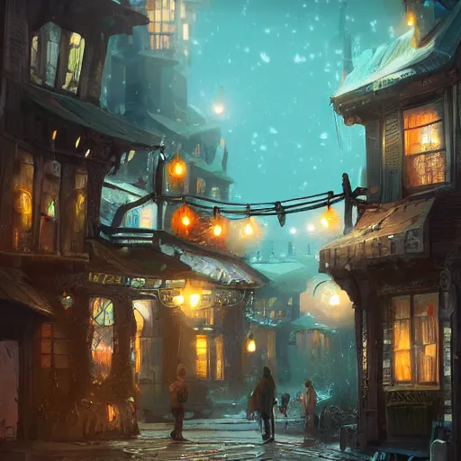 Image similar to this place is truly beautiful and the atmosphere is buzzing the town lights are glowing particularly brightly tonight, trending on artstation,