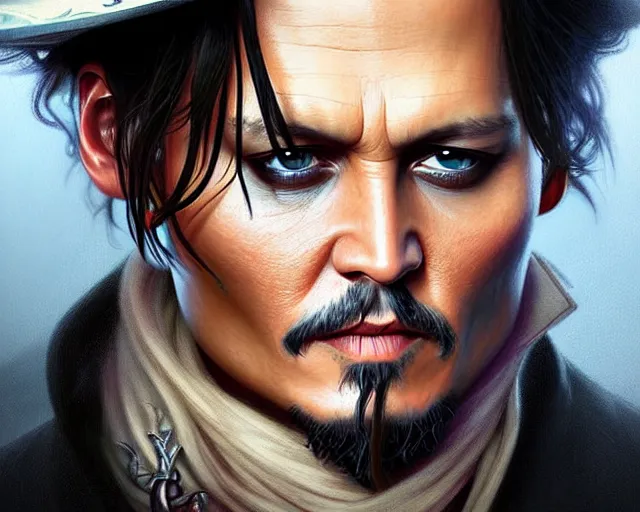 Image similar to digital art of johnny depp, deep focus, d & d, fantasy, intricate, elegant, highly detailed, digital painting, artstation, concept art, matte, sharp focus, illustration, hearthstone, art by artgerm and greg rutkowski and alphonse mucha