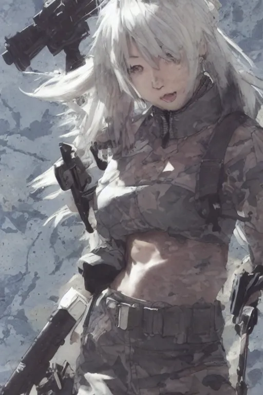 Prompt: girl, silver hair (ponytail), (winking), multicam (camo), trending on artstation, detailed, cinematic full body shot, ilustration by Takehiko Inoue ((and Yoann Lossel)) (((and Yoji Shinkawa)))