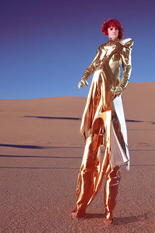 Image similar to portrait davis taylor brown dressed in 1 9 8 1 space fantasy fashion, avante garde, shiny metal, standing in a desert