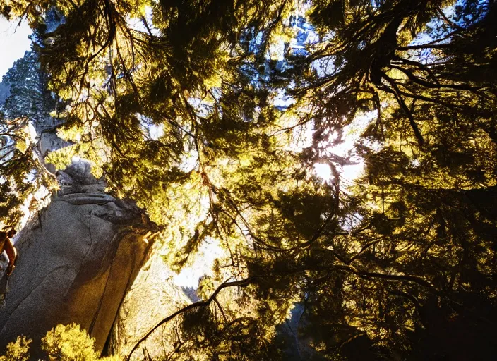 Image similar to a 2 8 mm macro wide angle photo of a man freeclimbing in yosemite national park, splash art, movie still, bokeh, canon 5 0 mm, cinematic lighting, dramatic, film, photography, golden hour, depth of field, award - winning, anamorphic lens flare, 8 k, hyper detailed, 3 5 mm film grain, hazy