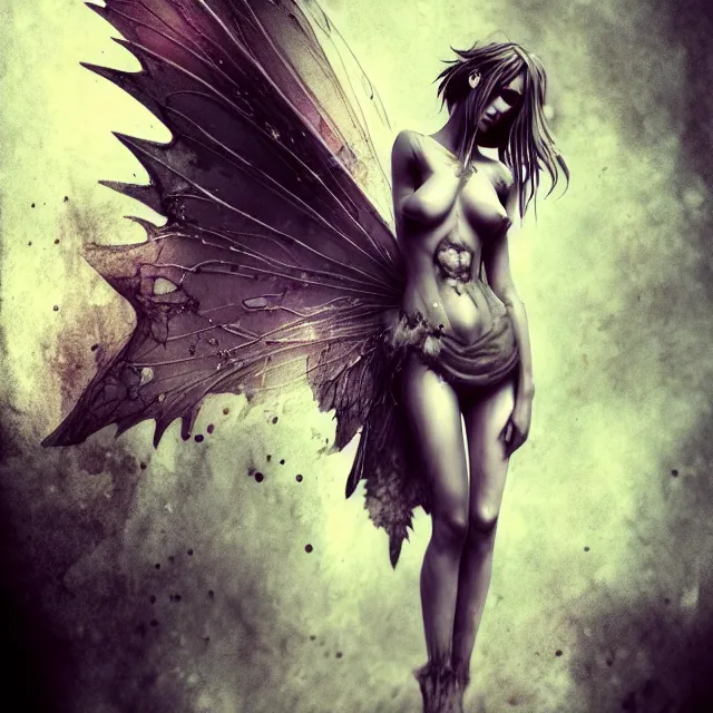 Prompt: full body pose, beautiful adult wounded fairy, dirty, grungy, grunge, highly detailed, 4 k, hdr, smooth, sharp focus, high resolution, award - winning photo, artgerm, photorealistic