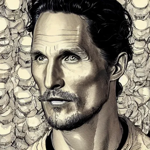 Image similar to a study of cell shaded portrait of matthew mcconaughey concept art, llustration, post grunge, concept art by josan gonzales and wlop, by james jean, Victo ngai, David Rubín, Mike Mignola, Laurie Greasley, highly detailed, sharp focus, alien, Trending on Artstation, HQ, deviantart, art by artgem