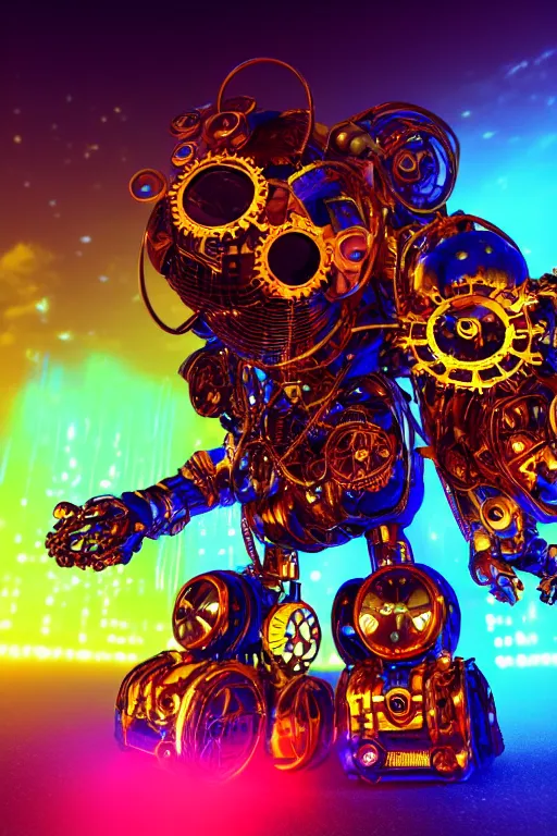 Image similar to portrait photo of a giant huge golden and blue metal steampunk robot covered with multicolored guitars and gears and tubes, eyes are glowing red lightbulbs, shiny crisp finish, 3 d render, 8 k, insaneley detailed, fluorescent colors, background is multicolored lasershow