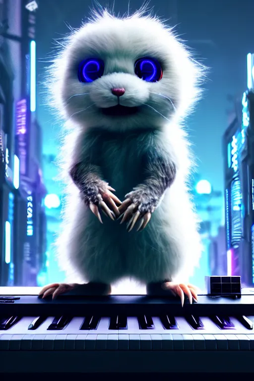 Image similar to high quality 3 d render very cute fluffy cyborg!! rat! plays keyboard, cyberpunk highly detailed, unreal engine cinematic smooth, in the style of blade runner & detective pikachu, hannah yata charlie immer, moody light, low angle, uhd 8 k, sharp focus