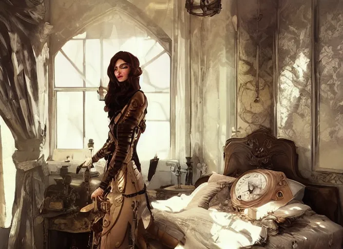 Image similar to woman model, steampunk!!! and modern, neutral colors, in a bedroom!!!!!!!!!, backlit, elegant, highly detailed, digital painting, artstation, concept art, smooth, sharp focus, illustration, art by krenz cushart and artem demura and alphonse mucha