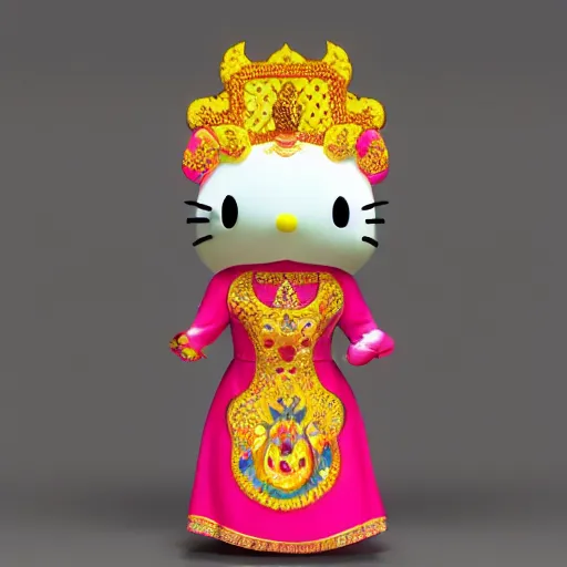 Image similar to Hello Kitty wearing traditional Cambodian ceremonial dress, with a 9 headed Khmer dragon headdress, 3d, very colorful, 8k,